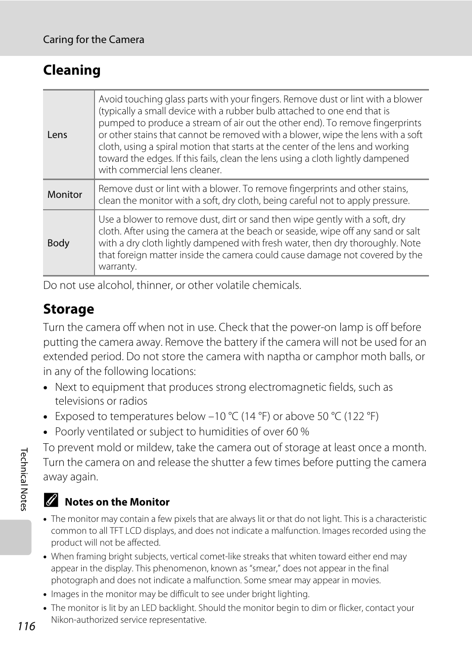 Cleaning, Storage, Cleaning storage | Nikon Coolpix S52c User Manual | Page 128 / 147