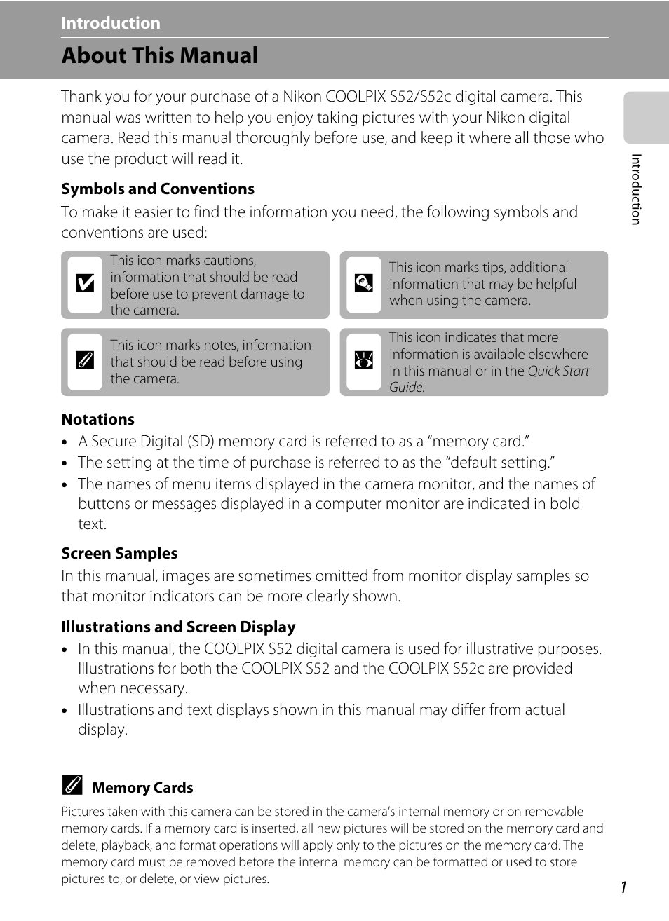 Introduction, About this manual, Ad b c | Nikon Coolpix S52c User Manual | Page 13 / 147