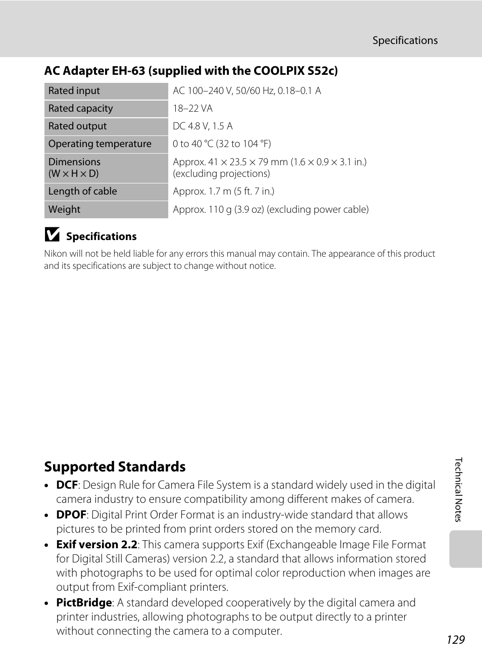 Supported standards, Tible, A 129) p | A 129) | Nikon Coolpix S52c User Manual | Page 141 / 147