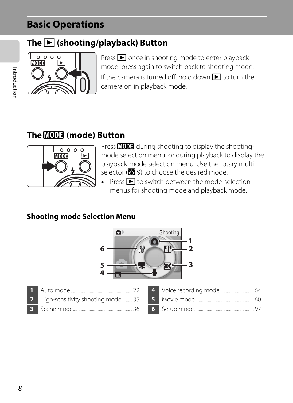 Basic operations, The shooting/playback button, The mode button | C (shooting/playback) button, E (mode) button | Nikon Coolpix S52c User Manual | Page 20 / 147