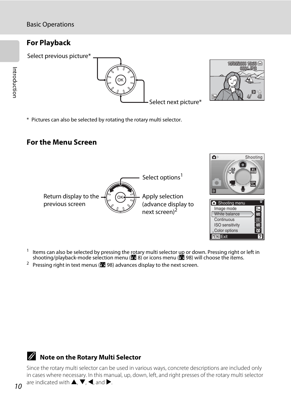 For playback, For the menu screen, Basic operations | Nikon Coolpix S52c User Manual | Page 22 / 147