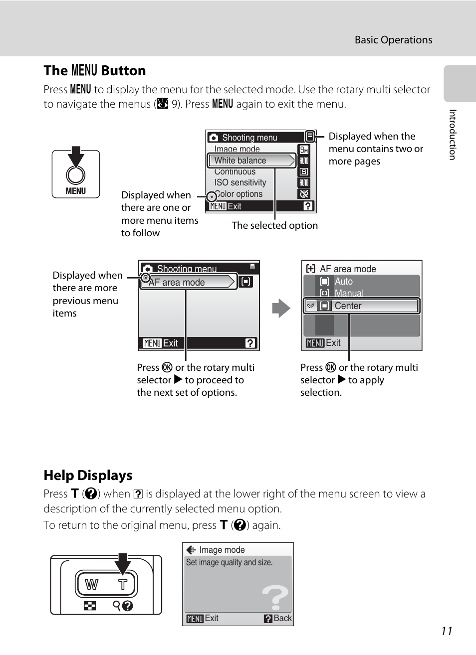 The menu button, Help displays, D button | The d button | Nikon Coolpix S52c User Manual | Page 23 / 147