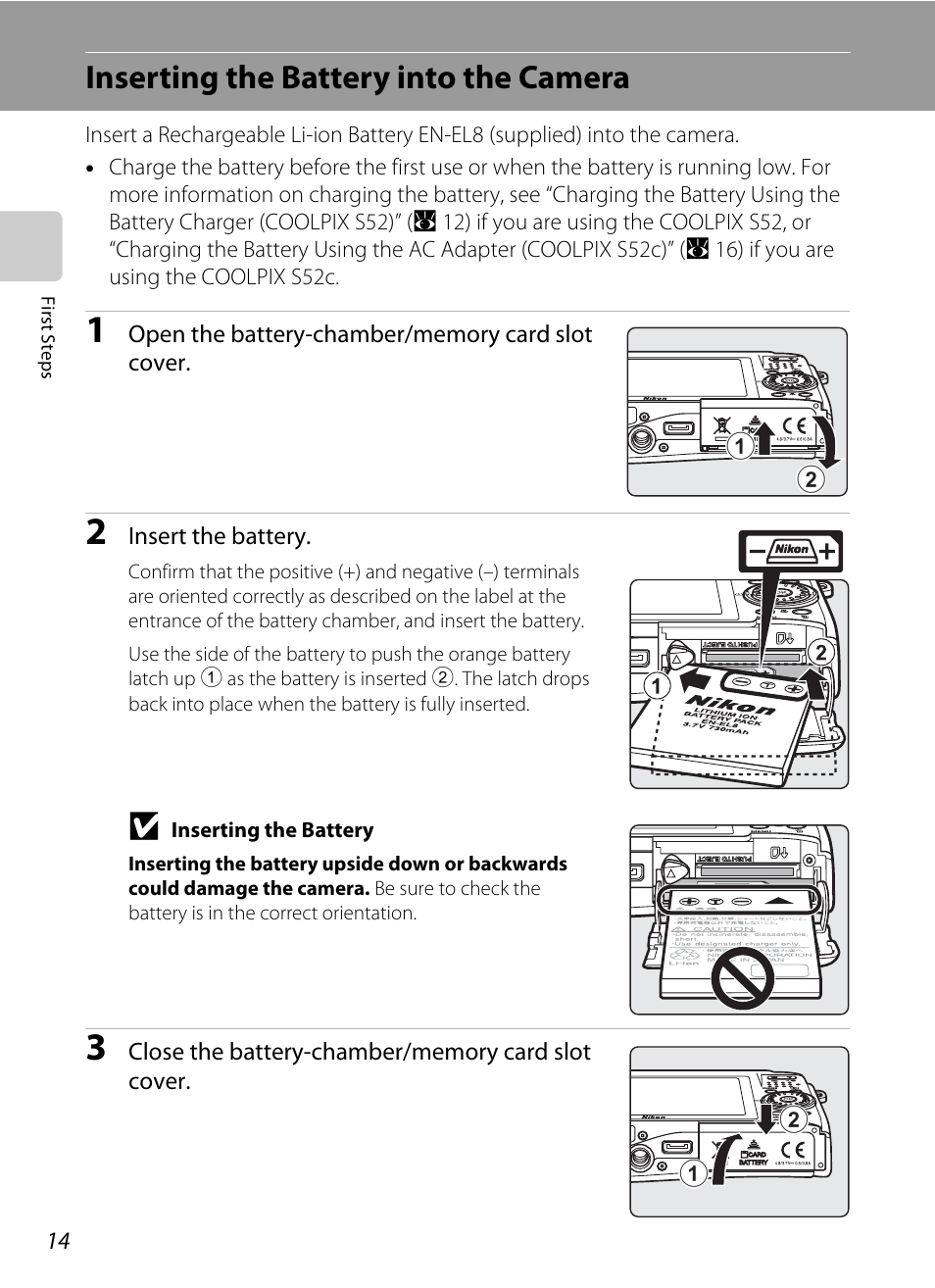 Inserting the battery into the camera, D to “inserting the battery into the camera, A 14) and | Nikon Coolpix S52c User Manual | Page 26 / 147