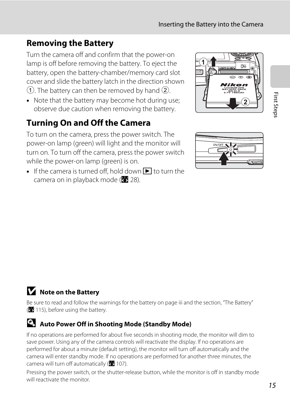 Removing the battery, Turning on and off the camera, Removing the battery turning on and off the camera | Nikon Coolpix S52c User Manual | Page 27 / 147