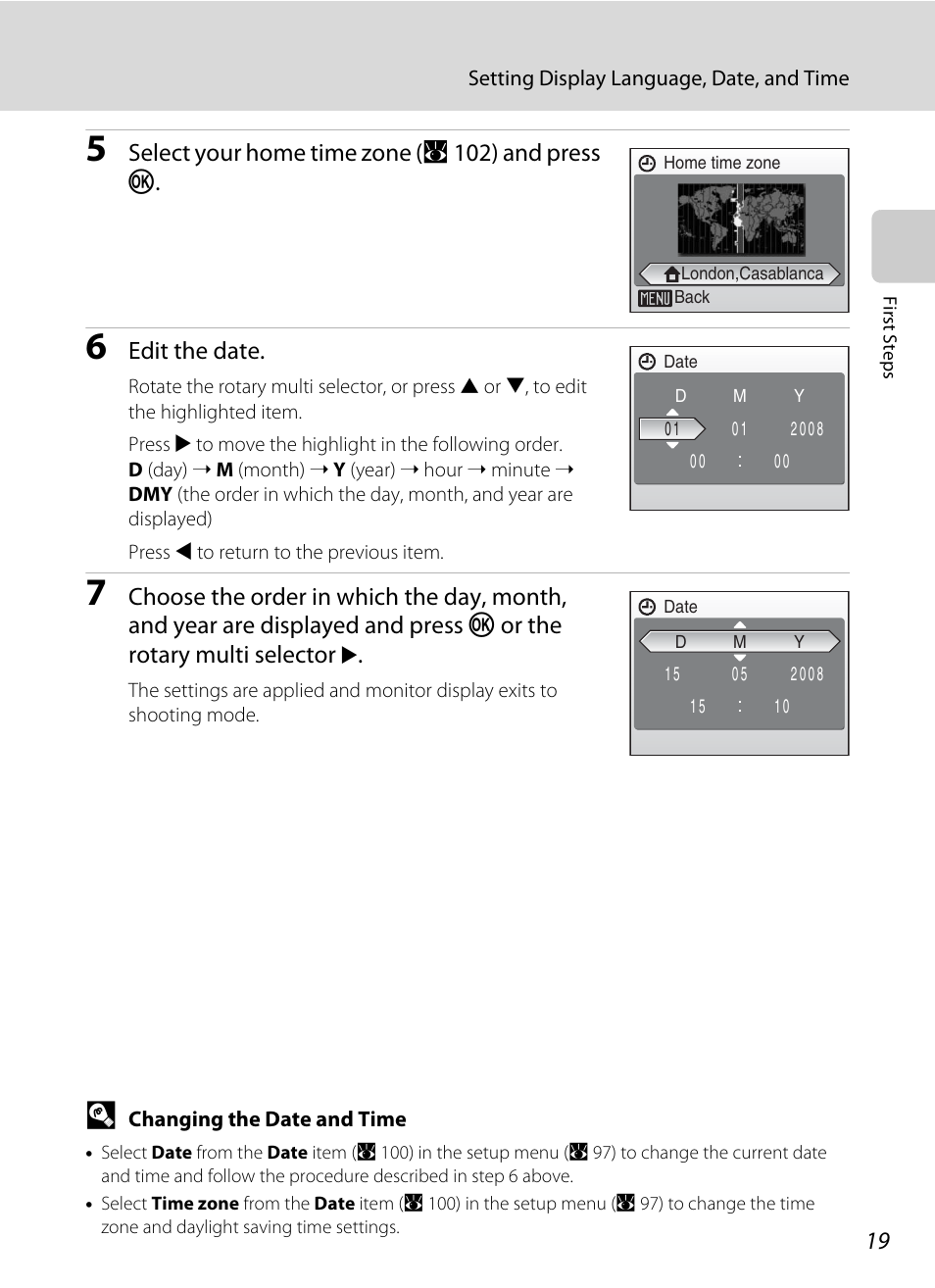 Select your home time zone ( a 102) and press k, Edit the date | Nikon Coolpix S52c User Manual | Page 31 / 147