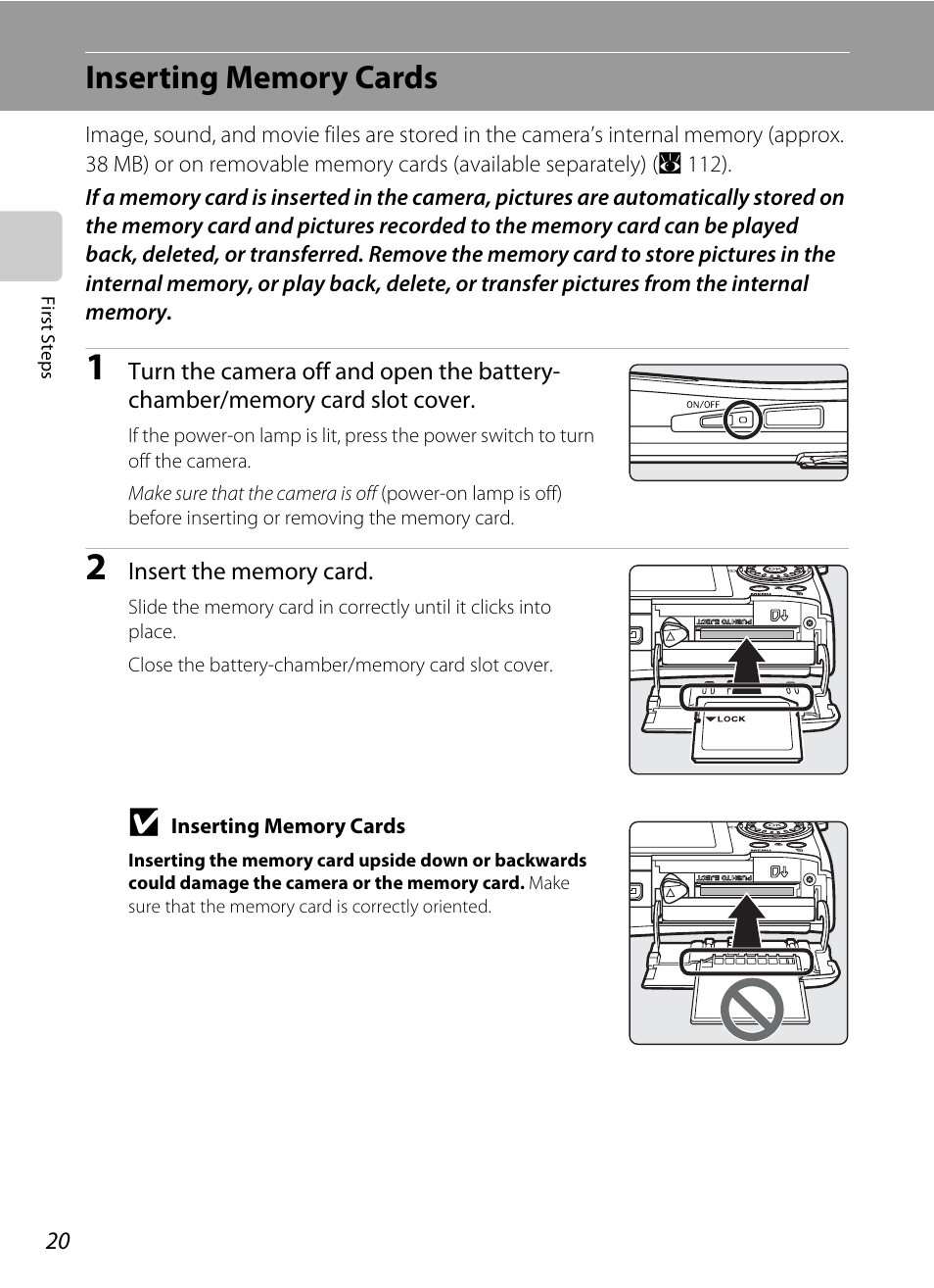 Inserting memory cards | Nikon Coolpix S52c User Manual | Page 32 / 147