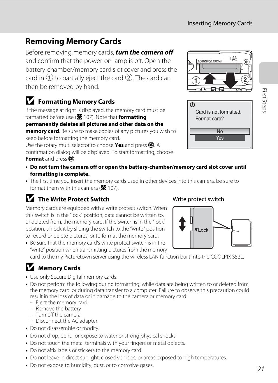 Removing memory cards | Nikon Coolpix S52c User Manual | Page 33 / 147