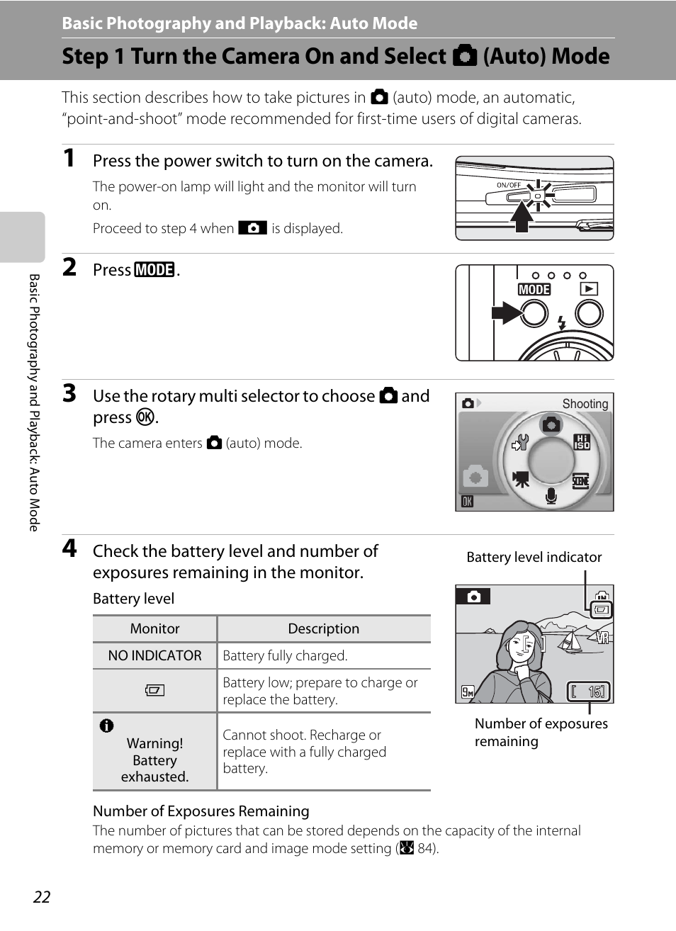 Basic photography and playback: auto mode, Step 1 turn the camera on and select auto mode, A basic photography and playback: auto mode | Step 1 turn the camera on and select a (auto) mode | Nikon Coolpix S52c User Manual | Page 34 / 147