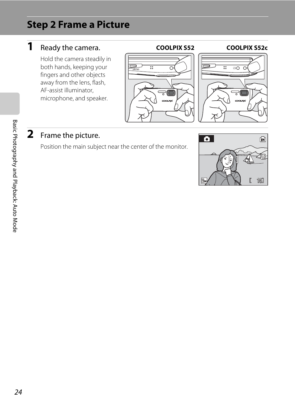 Step 2 frame a picture | Nikon Coolpix S52c User Manual | Page 36 / 147