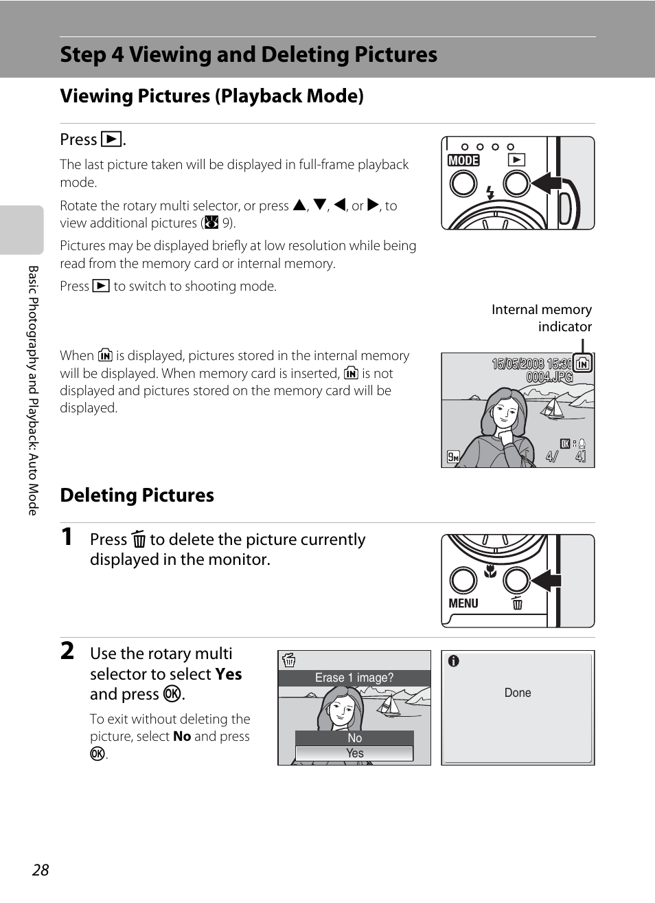 Step 4 viewing and deleting pictures, Ck mode, A 28) | Viewing pictures (playback mode), Deleting pictures | Nikon Coolpix S52c User Manual | Page 40 / 147