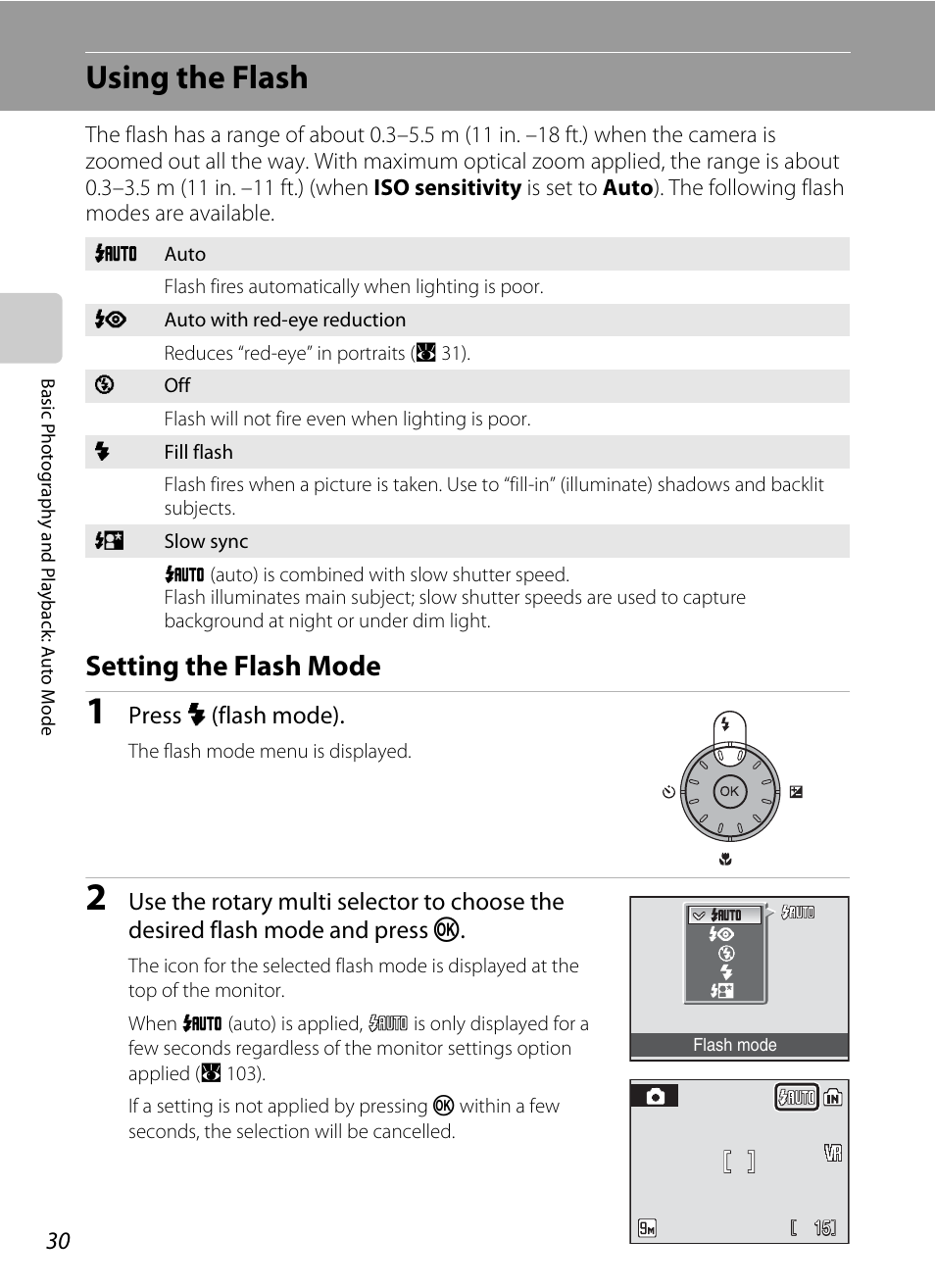 Using the flash, Setting the flash mode, A 30) m | A 30) and se | Nikon Coolpix S52c User Manual | Page 42 / 147