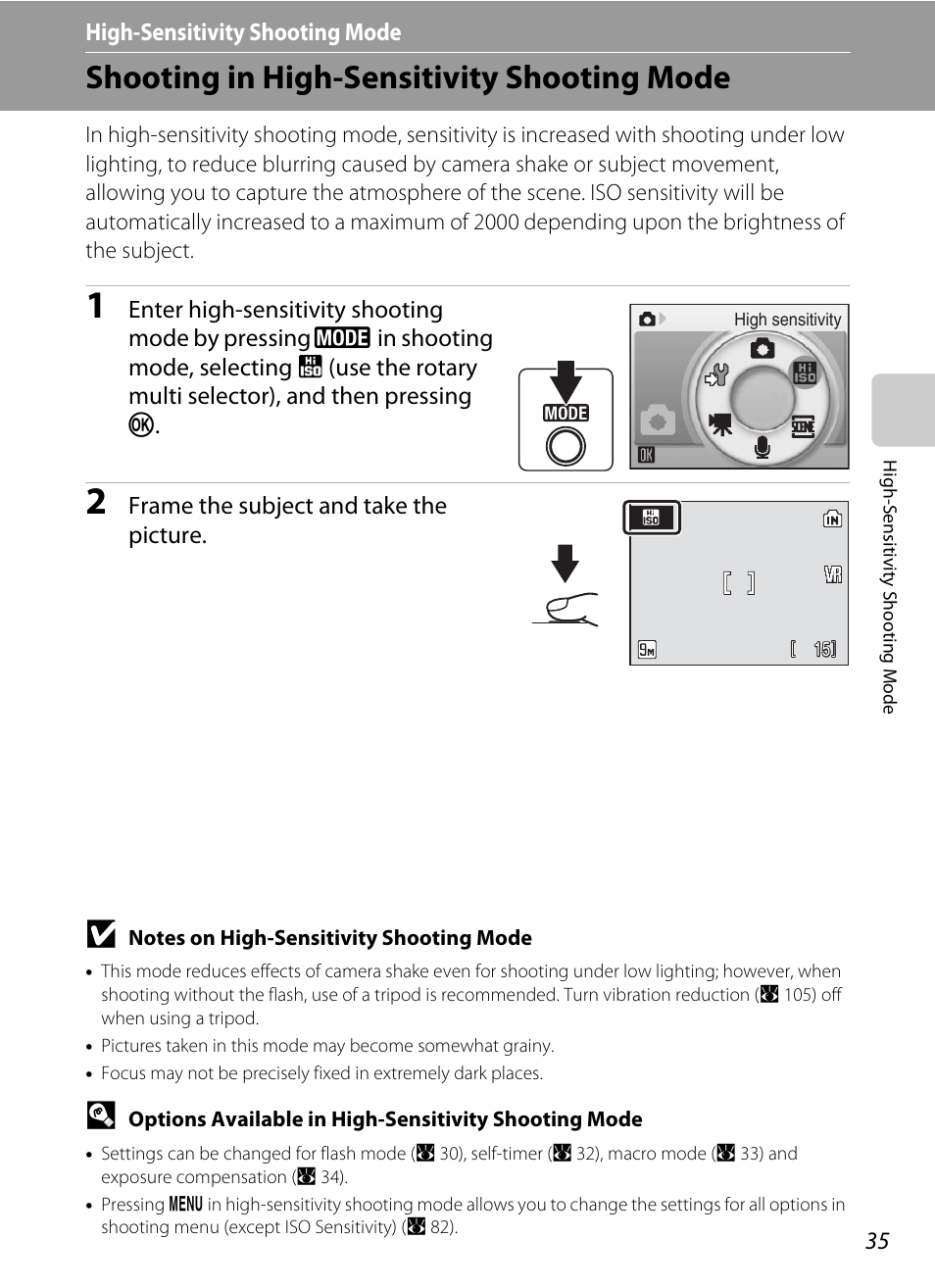 High-sensitivity shooting mode, Shooting in high-sensitivity shooting mode, B high-sensitivity shooting mode | Nikon Coolpix S52c User Manual | Page 47 / 147