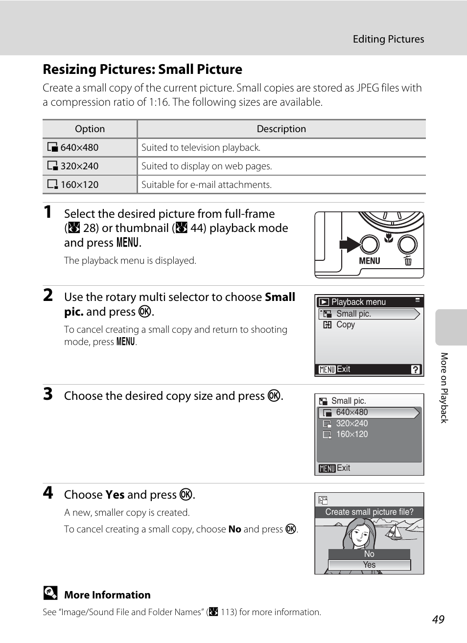 Resizing pictures: small picture, A 49) | Nikon Coolpix S52c User Manual | Page 61 / 147
