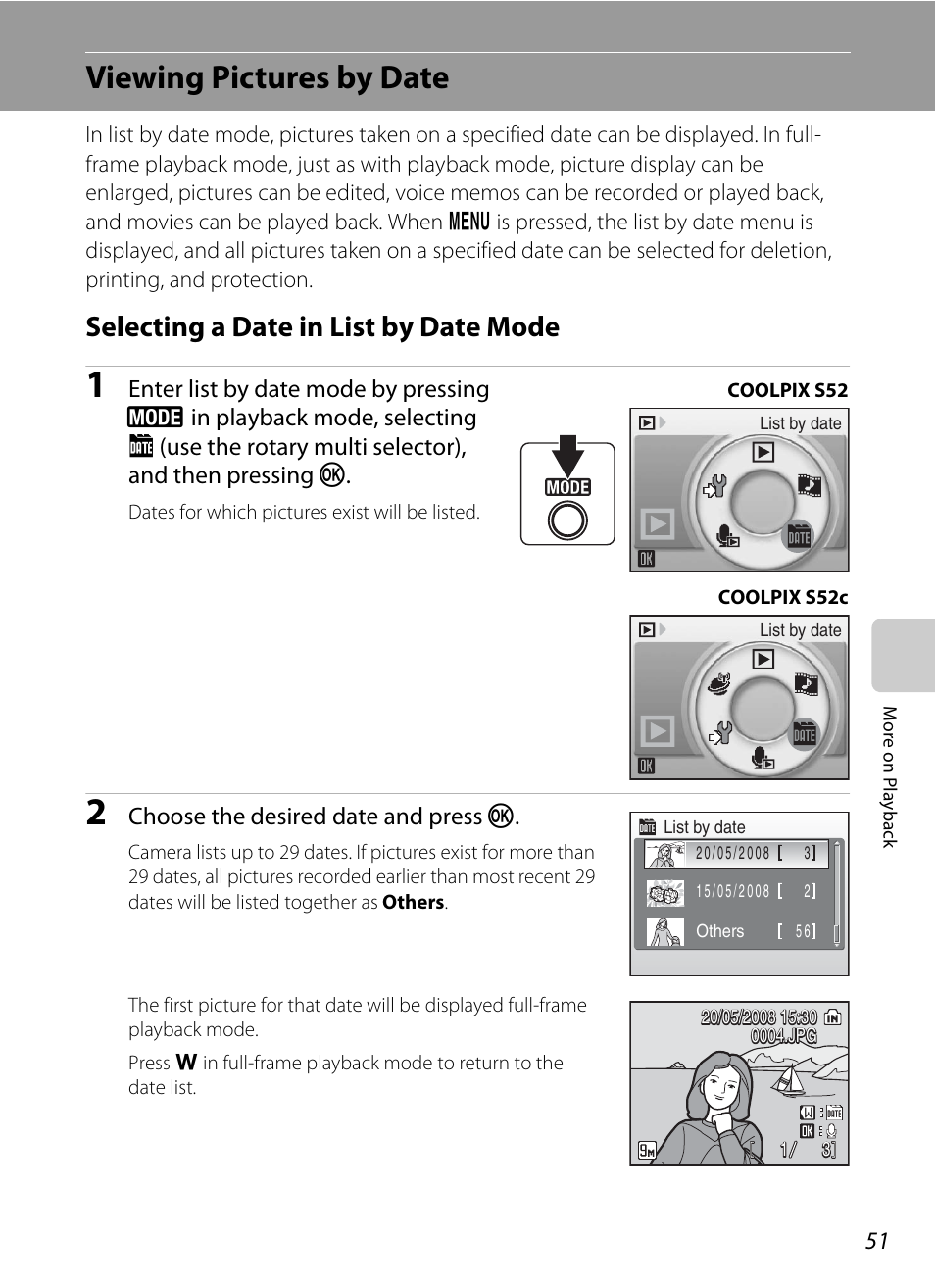 Viewing pictures by date, Selecting a date in list by date mode | Nikon Coolpix S52c User Manual | Page 63 / 147