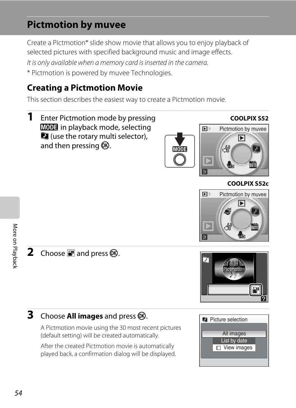 Pictmotion by muvee, Creating a pictmotion movie | Nikon Coolpix S52c User Manual | Page 66 / 147