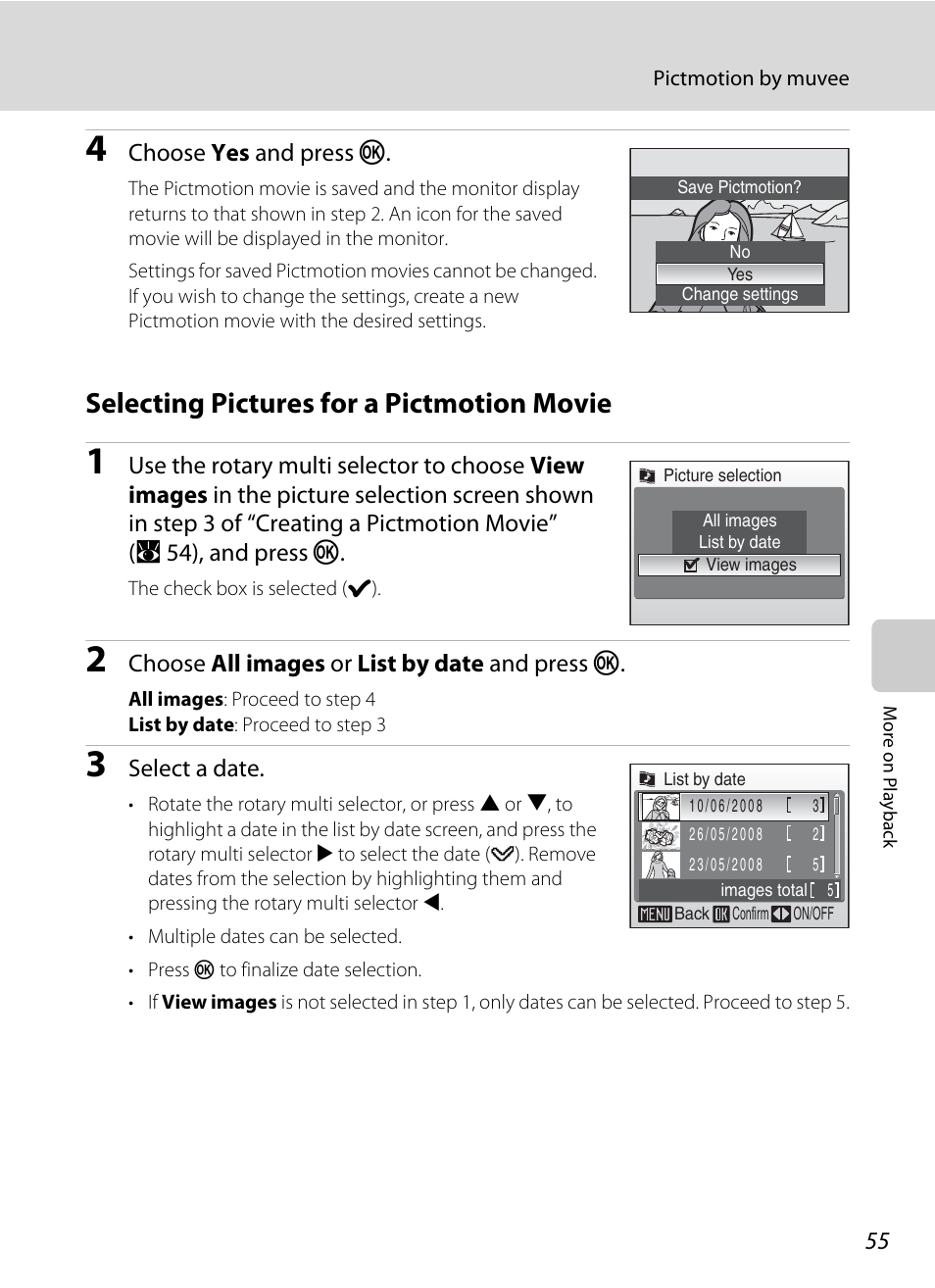 Selecting pictures for a pictmotion movie, Choose yes and press k, Choose all images or list by date and press k | Select a date | Nikon Coolpix S52c User Manual | Page 67 / 147
