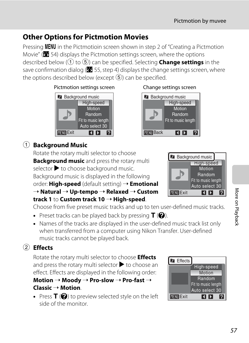 Other options for pictmotion movies, 1 background music, 2 effects | Nikon Coolpix S52c User Manual | Page 69 / 147