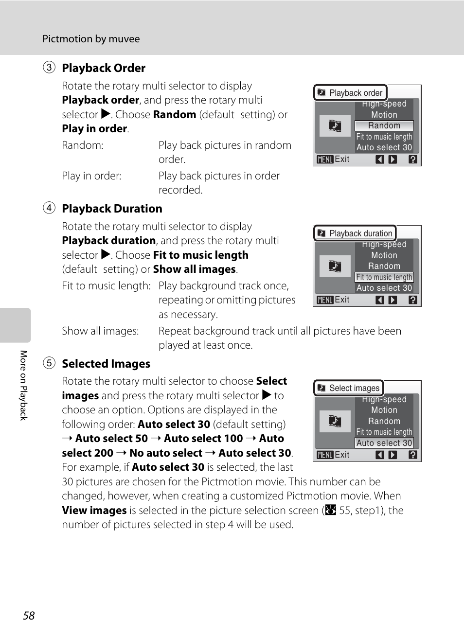 3 playback order, 4 playback duration, 5 selected images | Nikon Coolpix S52c User Manual | Page 70 / 147