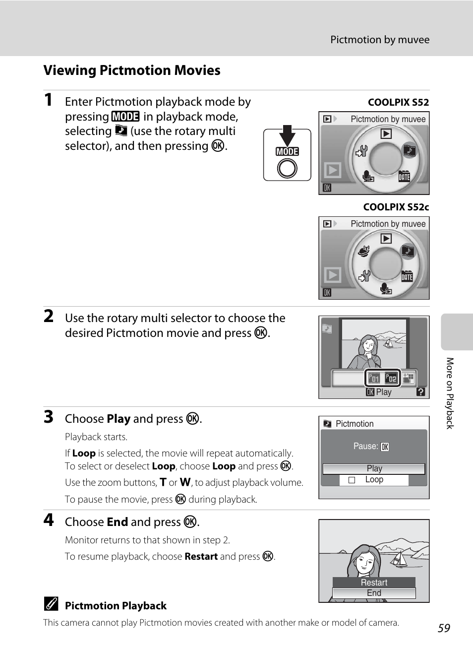 Viewing pictmotion movies | Nikon Coolpix S52c User Manual | Page 71 / 147