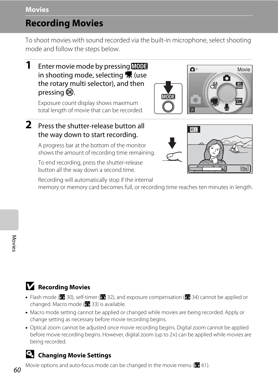 Movies, Recording movies, D movies | Nikon Coolpix S52c User Manual | Page 72 / 147
