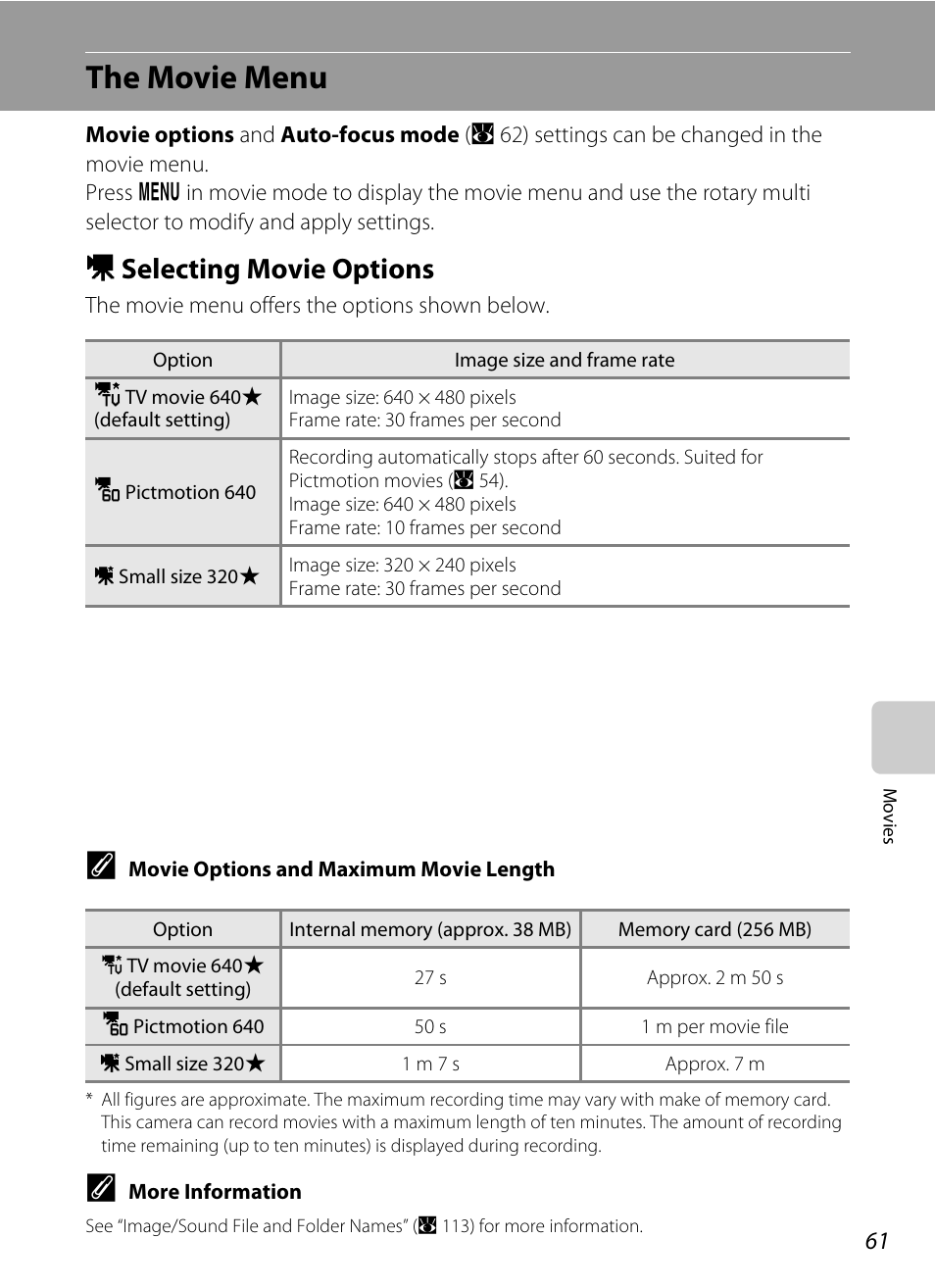 The movie menu, Selecting movie options, D selecting movie options | A 61) | Nikon Coolpix S52c User Manual | Page 73 / 147