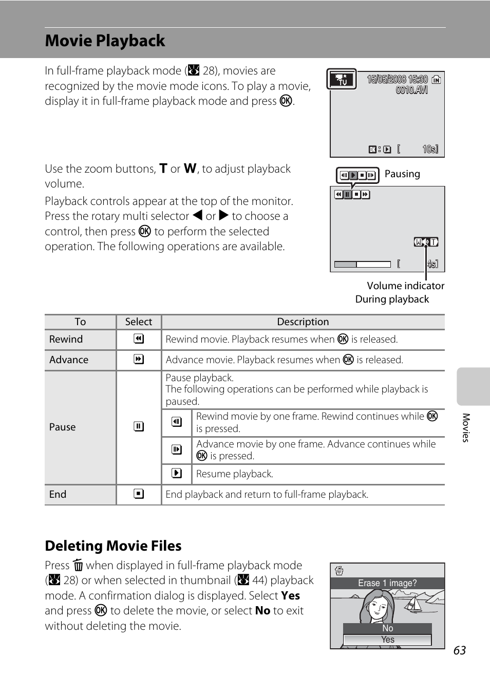 Movie playback, Deleting movie files | Nikon Coolpix S52c User Manual | Page 75 / 147