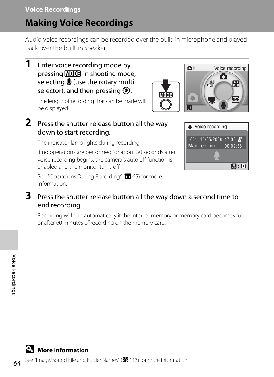 Voice recordings, Making voice recordings, E voice recordings | A 64) or audio playb | Nikon Coolpix S52c User Manual | Page 76 / 147