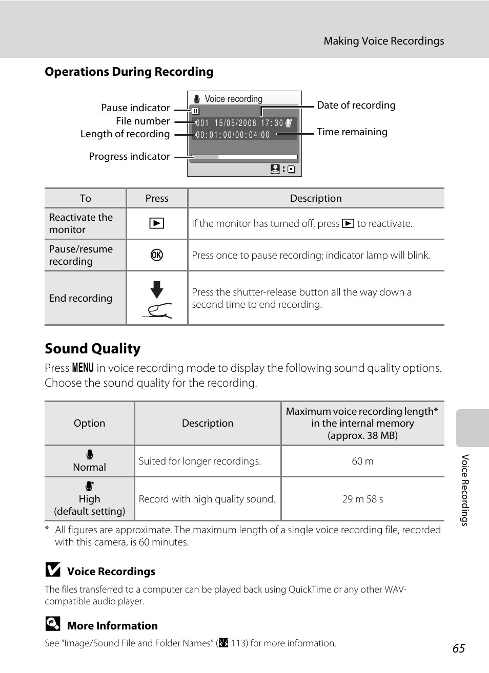 Operations during recording, A 65) for more, Sound quality | Nikon Coolpix S52c User Manual | Page 77 / 147