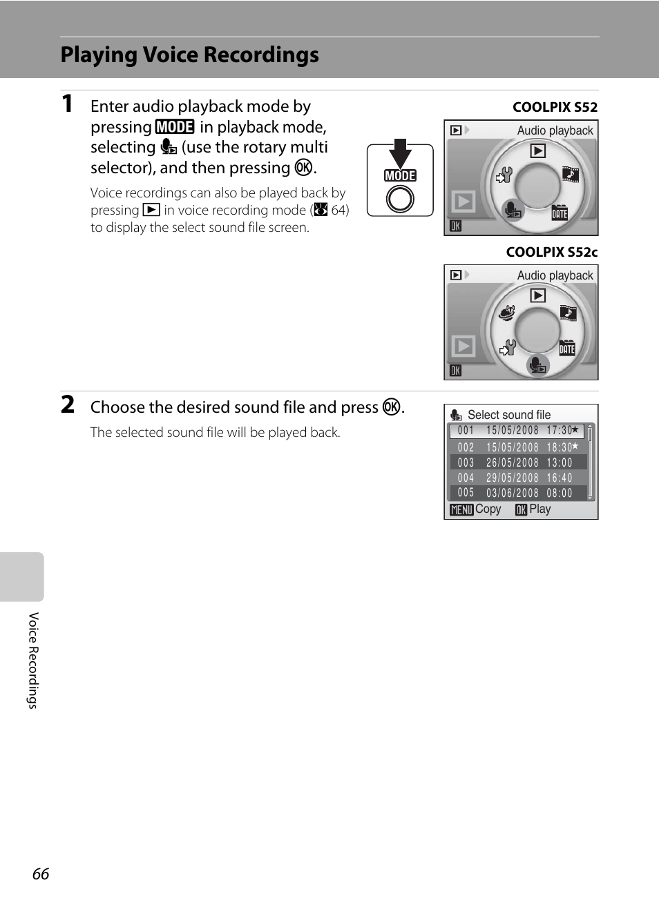 Playing voice recordings, A 66), the | Nikon Coolpix S52c User Manual | Page 78 / 147