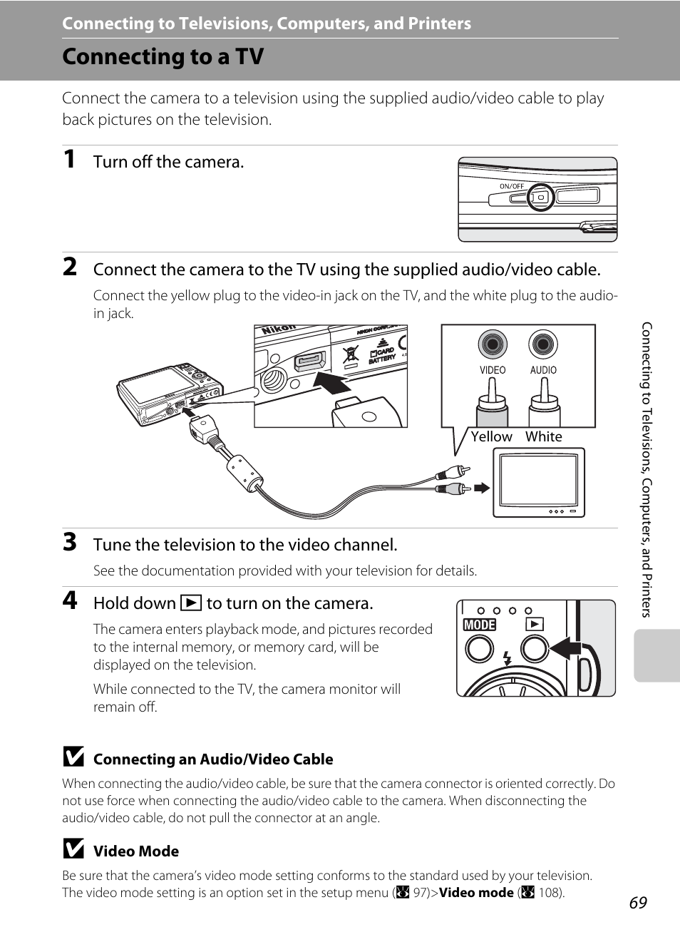 Connecting to televisions, computers, and printers, Connecting to a tv | Nikon Coolpix S52c User Manual | Page 81 / 147
