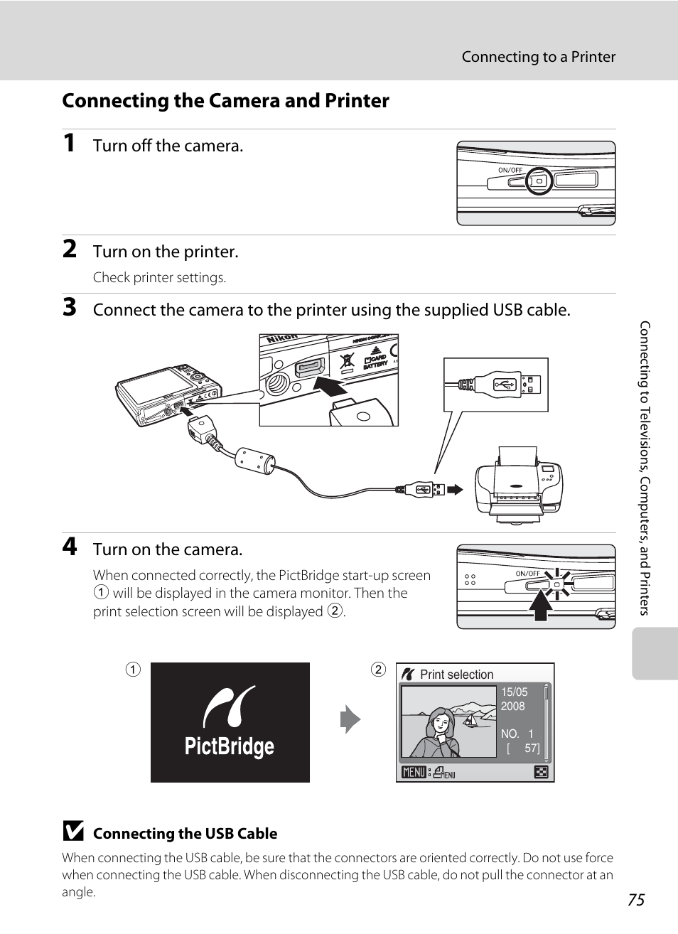Connecting the camera and printer, A 75 | Nikon Coolpix S52c User Manual | Page 87 / 147