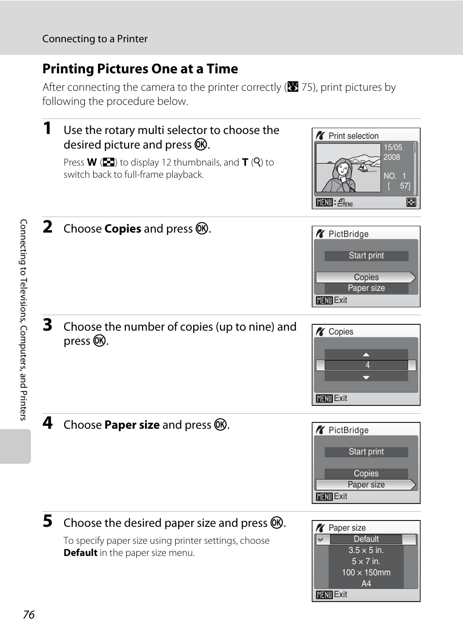Printing pictures one at a time, A 76) | Nikon Coolpix S52c User Manual | Page 88 / 147