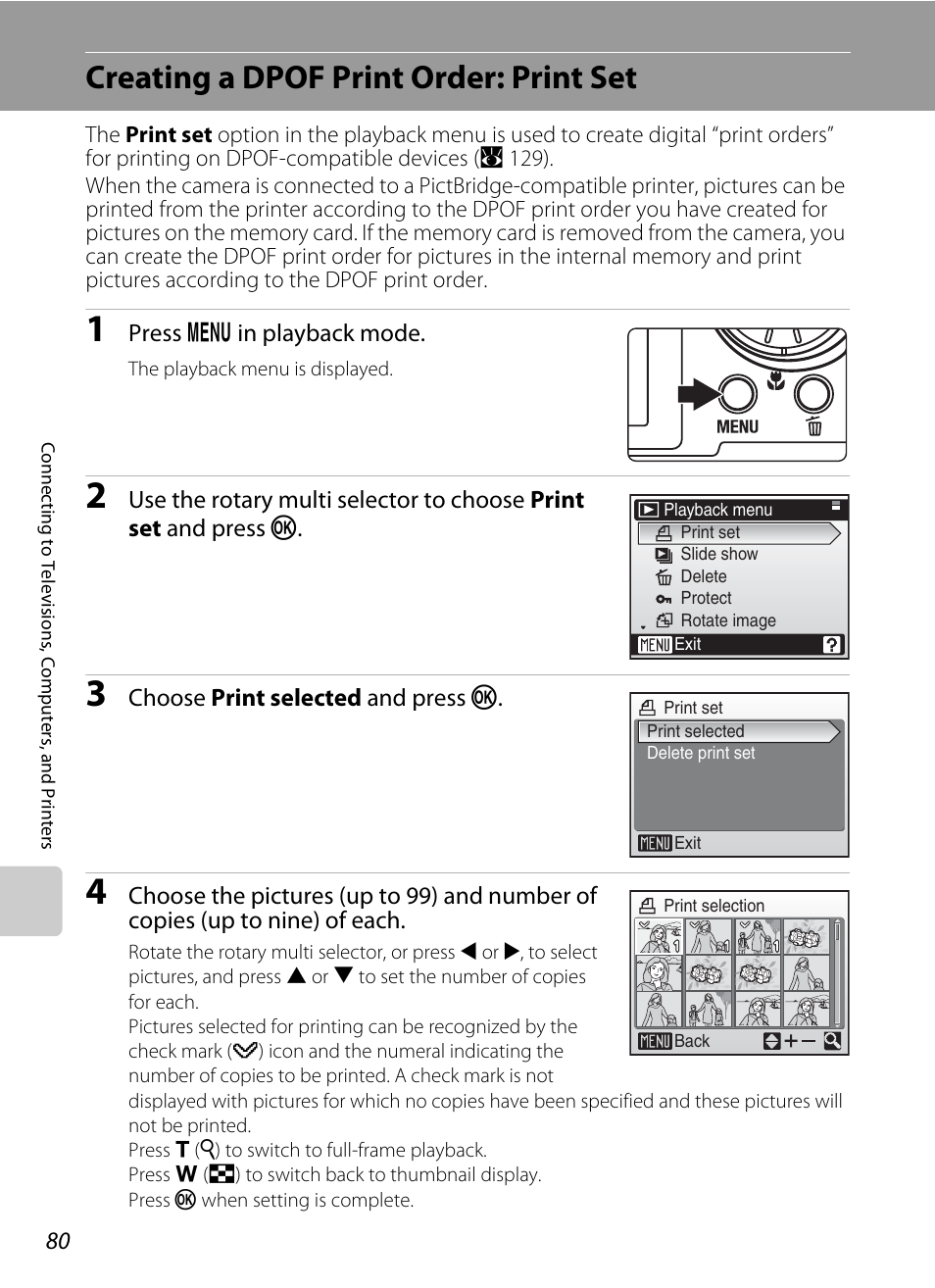 Creating a dpof print order: print set, A 80), A 80 | Nikon Coolpix S52c User Manual | Page 92 / 147