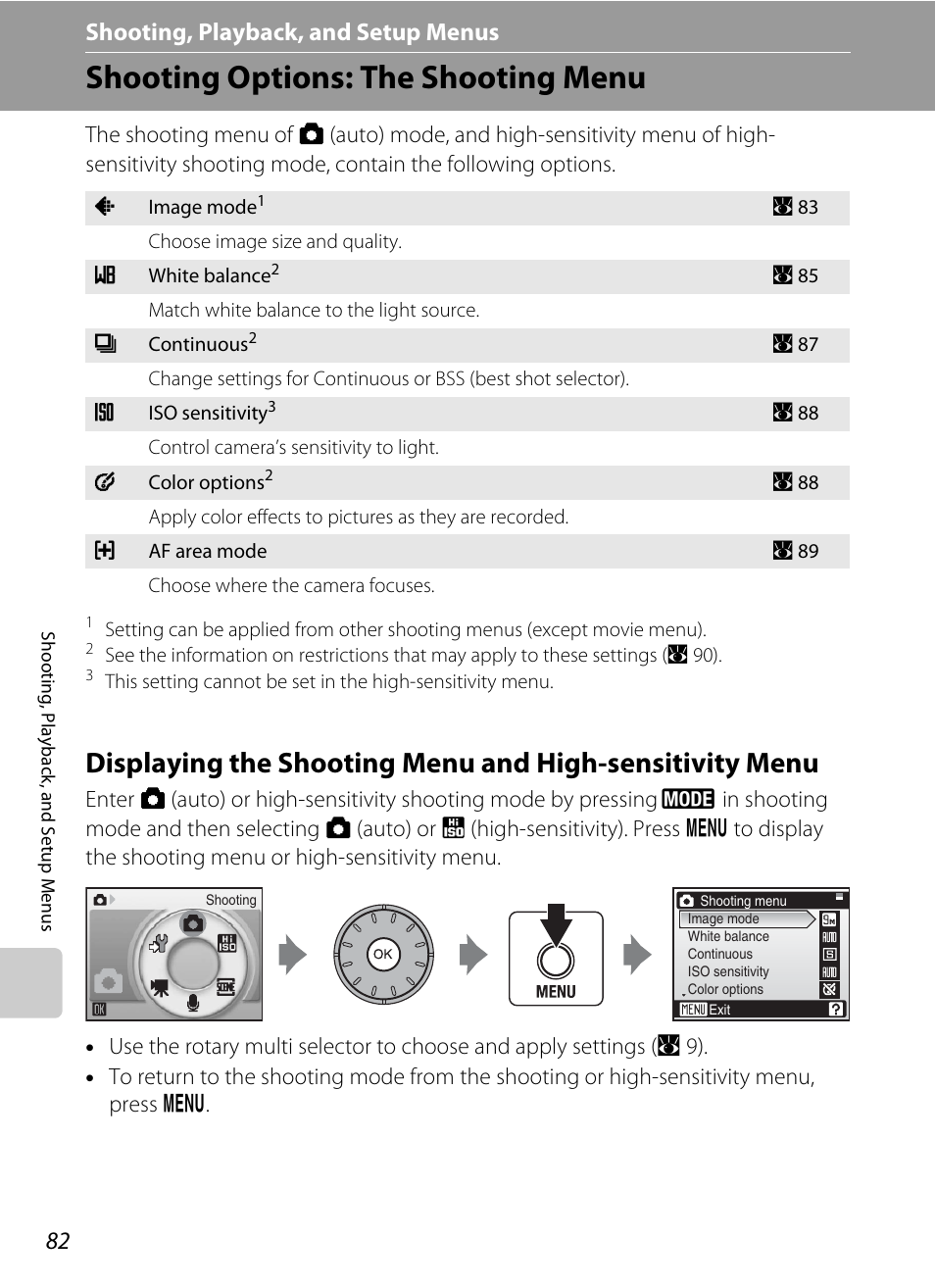 Shooting, playback, and setup menus, Shooting options: the shooting menu, D shooting, playback, and setup menus | A 82) | Nikon Coolpix S52c User Manual | Page 94 / 147