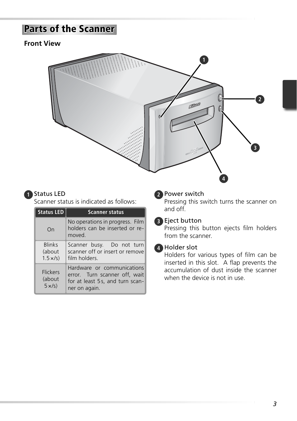 Parts of the scanner | Nikon 9000ED User Manual | Page 12 / 89