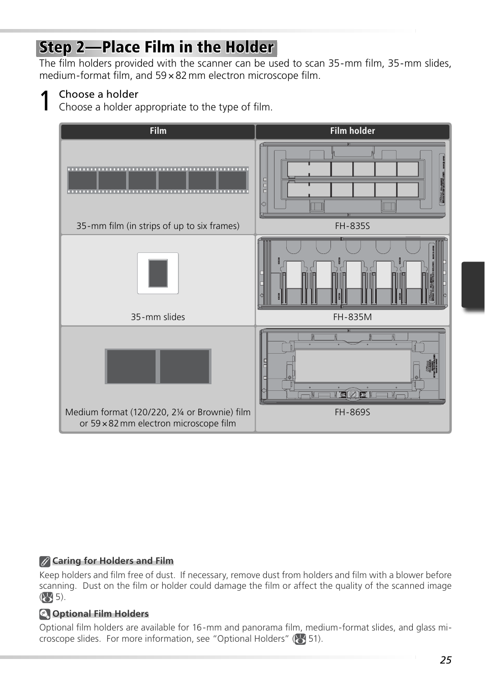 Step 2 — place film in the holder | Nikon 9000ED User Manual | Page 34 / 89