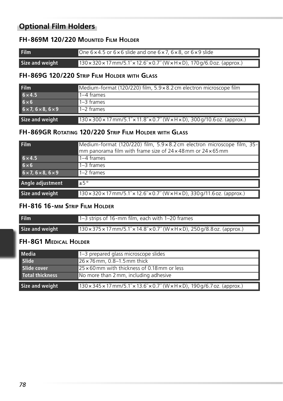 Optional film holders, Fh-8g1 m, Fh-869gr r | Nikon 9000ED User Manual | Page 87 / 89