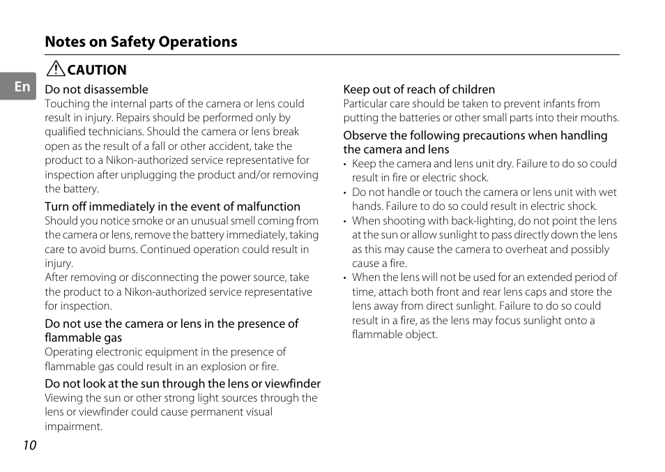 Notes on safety operations, Caution | Nikon AF-S DX NIKKOR User Manual | Page 10 / 80