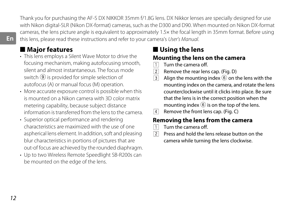 Major features, Using the lens, Mounting the lens on the camera | Removing the lens from the camera, Mounting index (p. 12) | Nikon AF-S DX NIKKOR User Manual | Page 12 / 80