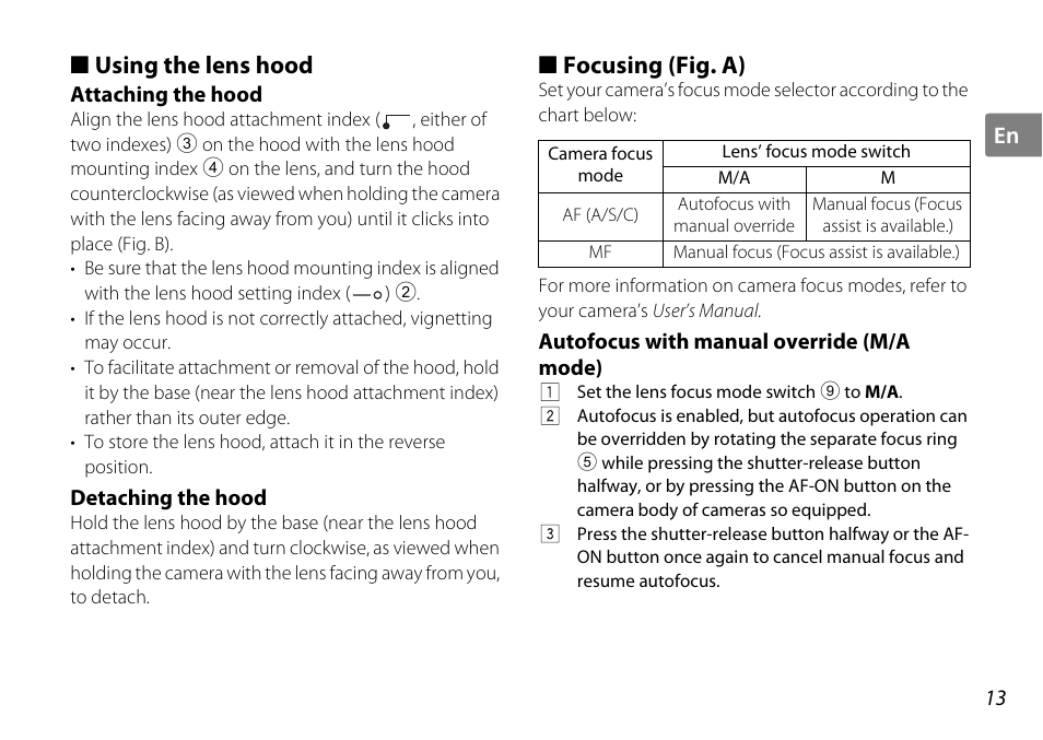 Using the lens hood, Attaching the hood, Detaching the hood | Focusing (fig. a), Autofocus with manual override (m/a mode), Hood (p. 13), Hood setting index (p. 13), Ttachment index (p. 13), Unting index (p. 13), P. 13) | Nikon AF-S DX NIKKOR User Manual | Page 13 / 80