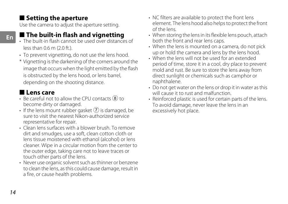 Setting the aperture, The built-in flash and vignetting, Lens care | P. 14), Acts (p. 14) | Nikon AF-S DX NIKKOR User Manual | Page 14 / 80