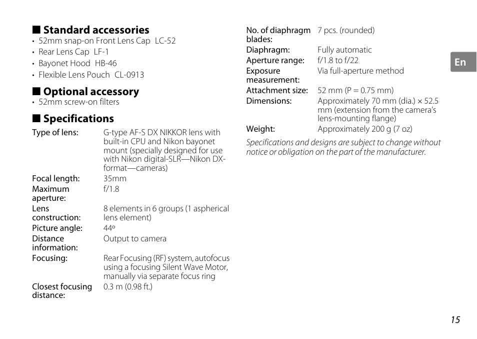 Standard accessories, Optional accessory, Specifications | Nikon AF-S DX NIKKOR User Manual | Page 15 / 80