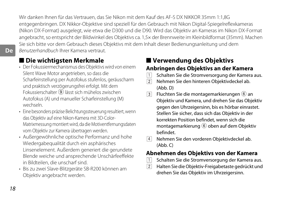 Die wichtigsten merkmale, Verwendung des objektivs, Anbringen des objektivs an der kamera | Abnehmen des objektivs von der kamera, G (s. 18 | Nikon AF-S DX NIKKOR User Manual | Page 18 / 80