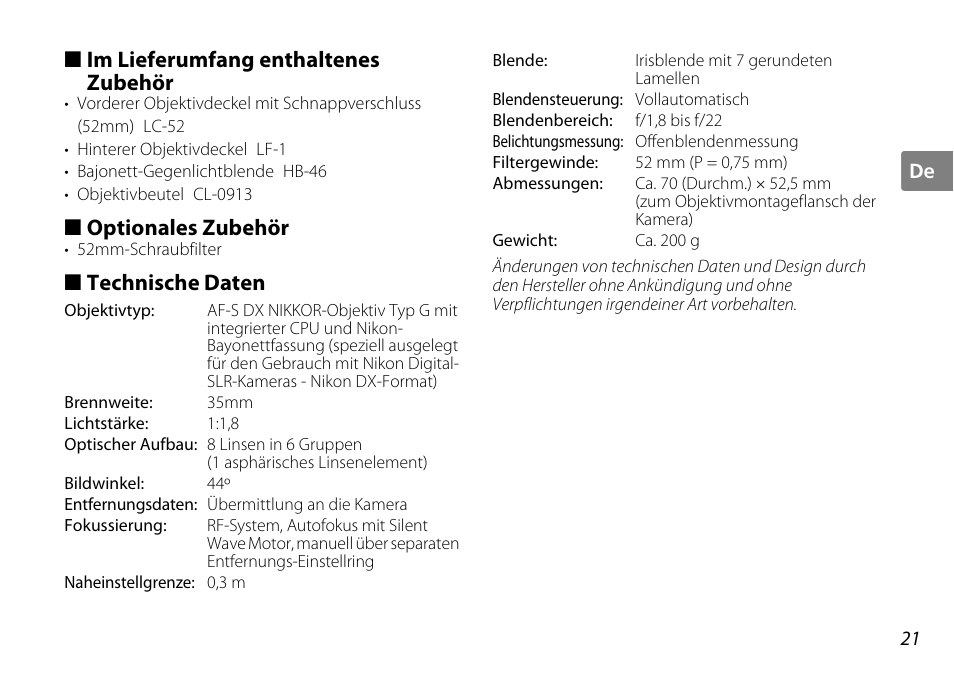 Im lieferumfang enthaltenes zubehör, Optionales zubehör, Technische daten | Nikon AF-S DX NIKKOR User Manual | Page 21 / 80