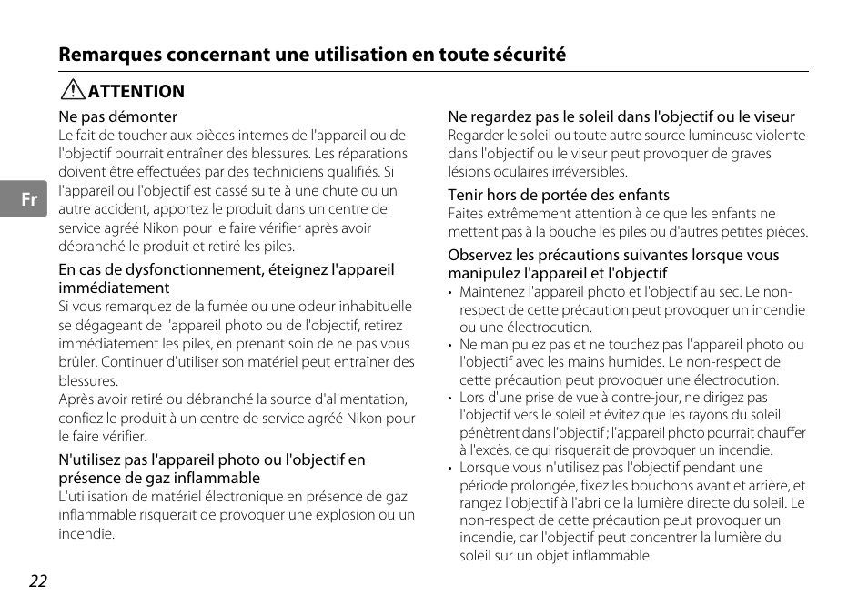 Attention | Nikon AF-S DX NIKKOR User Manual | Page 22 / 80