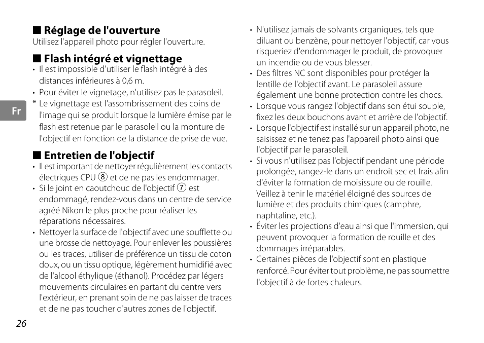 Réglage de l'ouverture, Flash intégré et vignettage, Entretien de l'objectif | P. 26) | Nikon AF-S DX NIKKOR User Manual | Page 26 / 80
