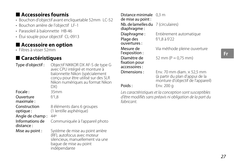 Accessoires fournis, Accessoire en option, Caractéristiques | Nikon AF-S DX NIKKOR User Manual | Page 27 / 80