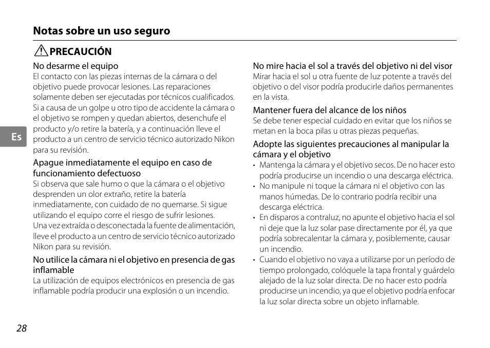 Notas sobre un uso seguro, Precaución | Nikon AF-S DX NIKKOR User Manual | Page 28 / 80