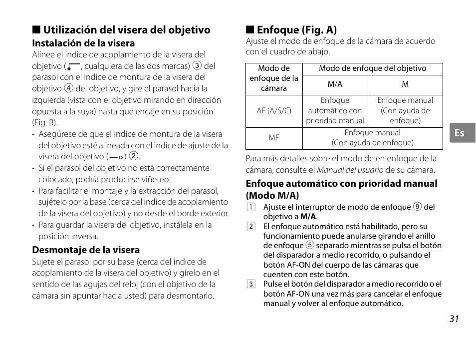 Utilización del visera del objetivo, Instalación de la visera, Desmontaje de la visera | Enfoque (fig. a), Enfoque automático con prioridad manual (modo m/a), Del objetivo (p. 31, P. 31), Objetivo (p. 31), Lo de enfoque (p. 31) | Nikon AF-S DX NIKKOR User Manual | Page 31 / 80