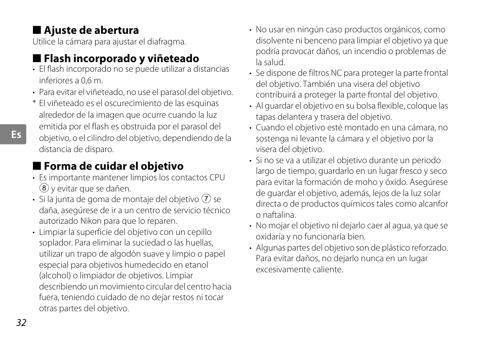 Ajuste de abertura, Flash incorporado y viñeteado, Forma de cuidar el objetivo | P. 32), Cpu (p. 32 | Nikon AF-S DX NIKKOR User Manual | Page 32 / 80